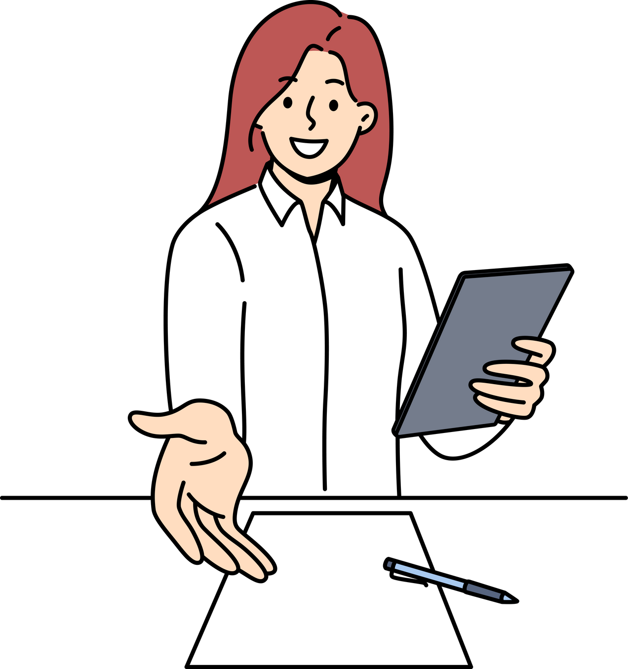 Woman recruiter welcomes new applicant to interview, extending hand to screen standing near table with contract. Girl recruiter makes job offer with high salary and health insurance