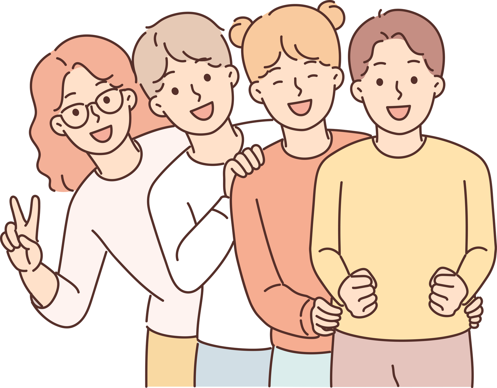 Pre-teenage children stand behind each other and laugh enjoying socializing together