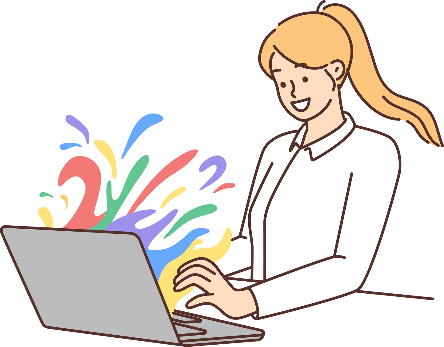 Smiling woman work on laptop with colorful stains on screen